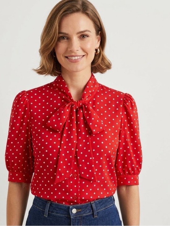 Tops - Red Polka Dot Retro Tie-Neck Blouse - Women's Top - size small - classic